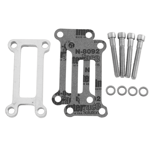 Image of entire Oil Spout Spacer Kit that includes a 6061-T6 spacer, 2 gaskets, and fasteners.