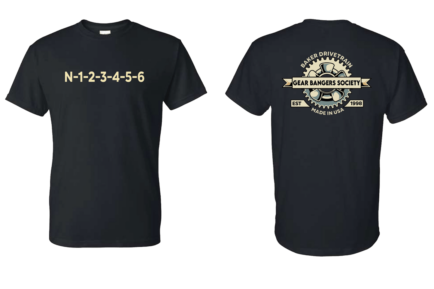 Two black shirts showing the front and back graphics of BAKER Drivetrain Gear Bangers Society designs