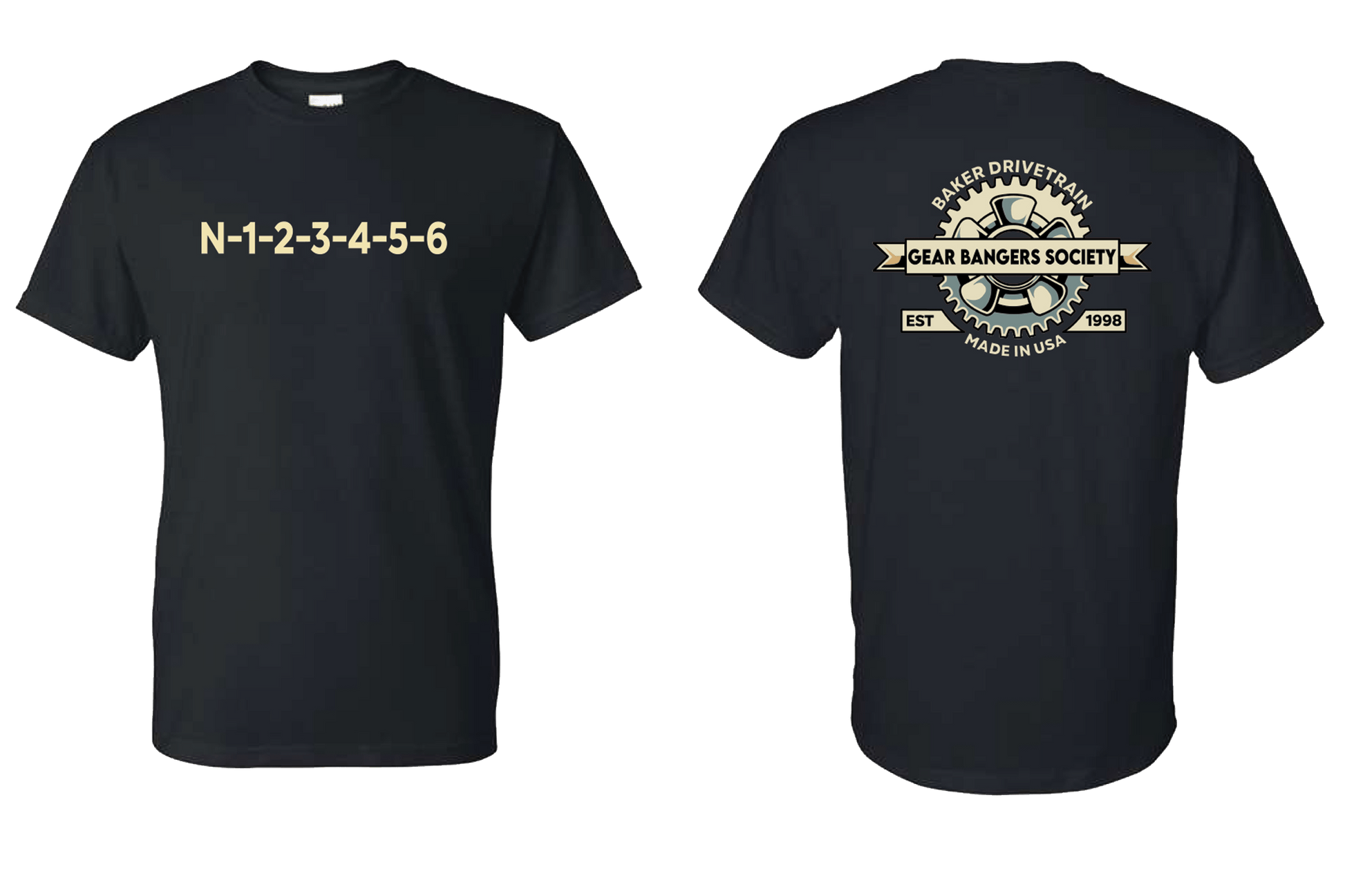 Two black shirts showing the front and back graphics of BAKER Drivetrain Gear Bangers Society designs