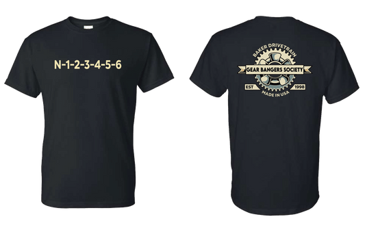 Two black shirts showing the front and back graphics of BAKER Drivetrain Gear Bangers Society designs