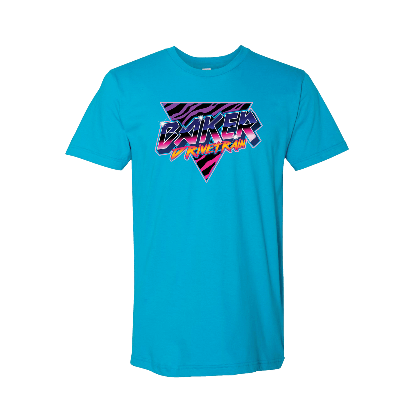 an image of a blue t-shirt with a multi-colored retro BAKER Drivetrain logo design