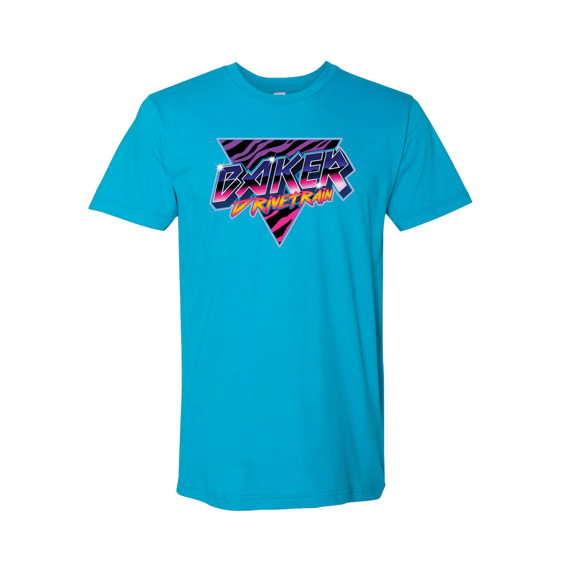 an image of a blue t-shirt with a multi-colored retro BAKER Drivetrain logo design
