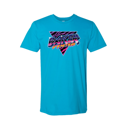 an image of a blue t-shirt with a multi-colored retro BAKER Drivetrain logo design