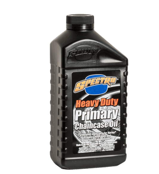Black bottle with a label saying "Spectro Heavy Duty Primary Chaincase Oil"