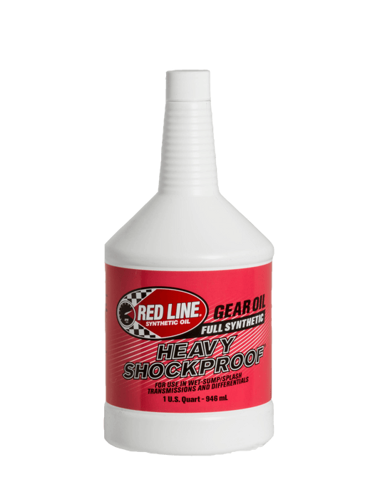 White bottle with red label of Heavy Shockproof Gear Oil from Red Line Synthetic Oil