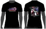 two black t-shirts with American BAKER Drivetrain designs on front and back