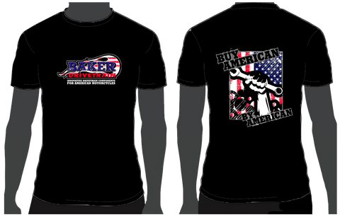 two black t-shirts with American BAKER Drivetrain designs on front and back