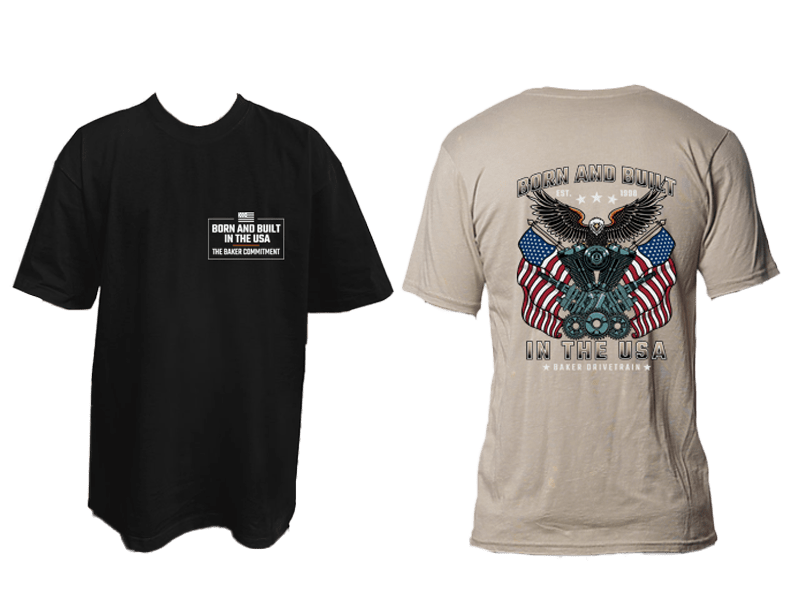 black shirt and tan shirt with BAKER Drivetrain "Born and Built in the USA" designs
