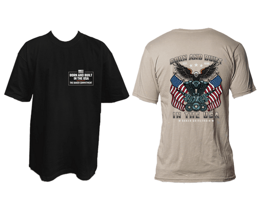 black shirt and tan shirt with BAKER Drivetrain "Born and Built in the USA" designs