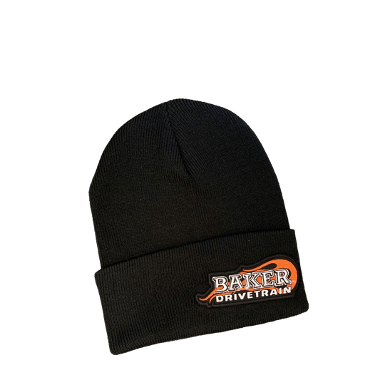 Black beanie hat with BAKER Drivetrain orange and white logo