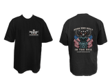 two black t-shirts with BAKER Drivetrain "Born and Built in the USA" designs on the front and back.