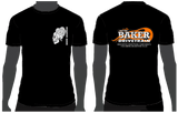 two black t-shirts with BAKER Drivetrain designs on the front and back