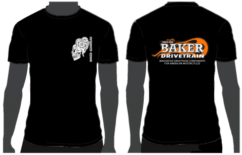 two black t-shirts with BAKER Drivetrain designs on the front and back