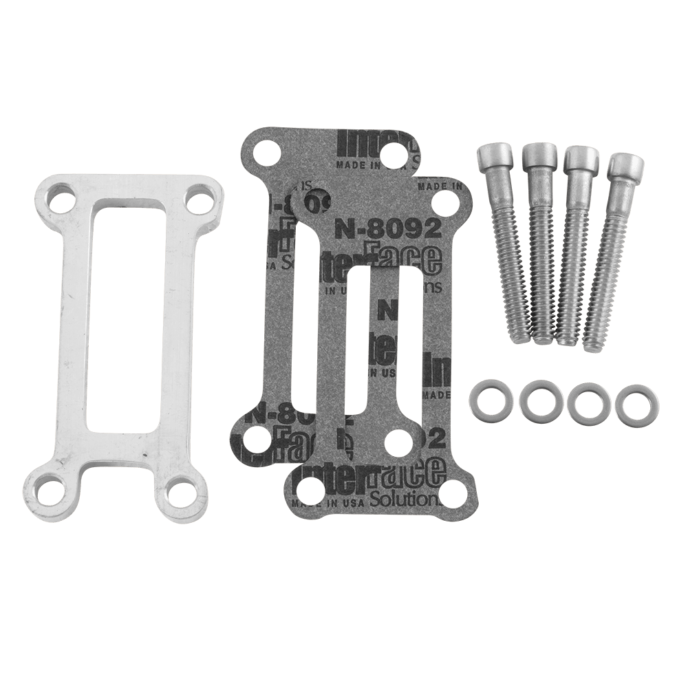 Image of entire Oil Spout Spacer Kit that includes a 6061-T6 spacer, 2 gaskets, and fasteners.